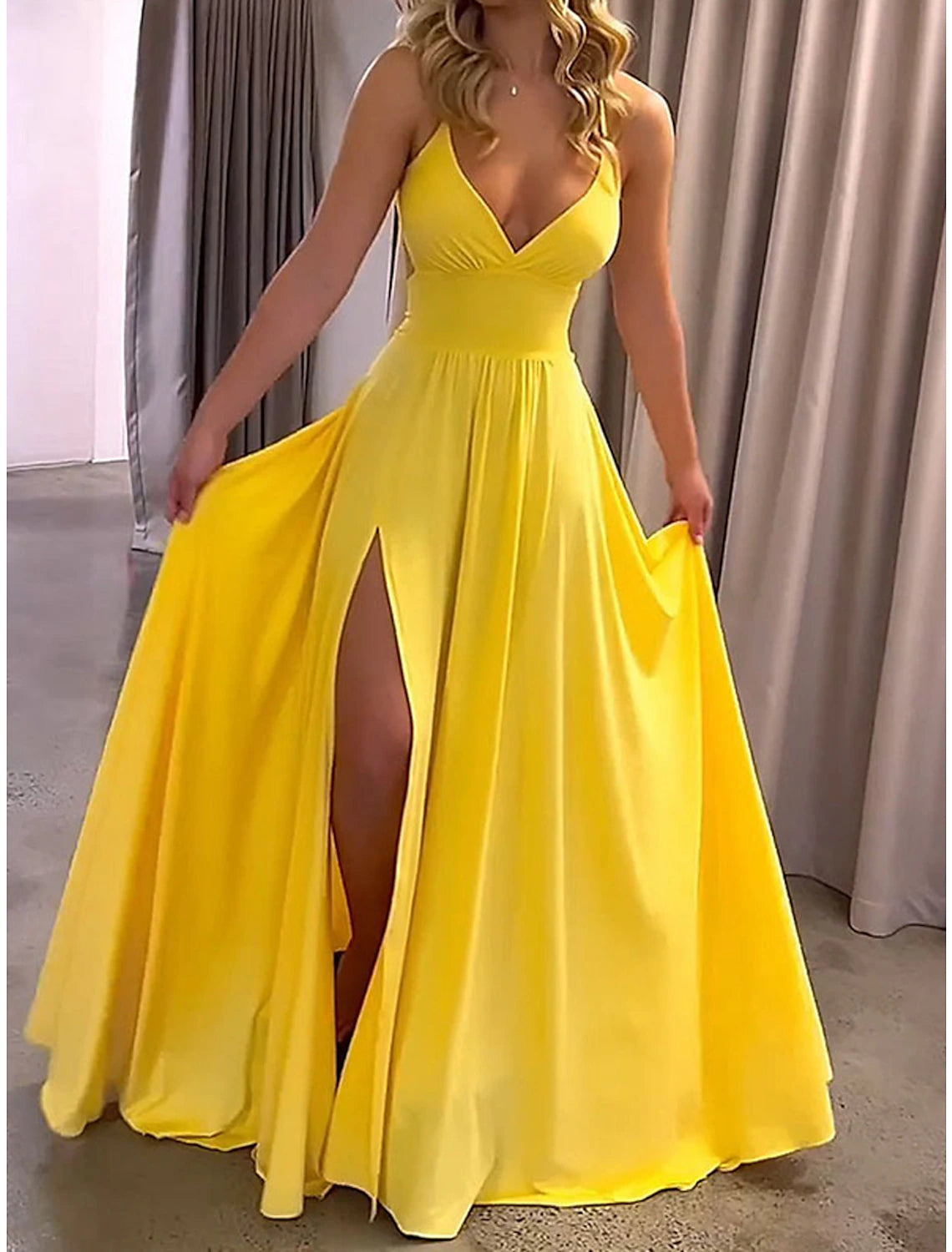 Vestido de fiesta para mujer, vestido de fiesta, vestido largo, vestido maxi, amarillo, sin mangas, color puro, fruncido, otoño, invierno, otoño, tirantes finos, moda, fiesta de noche, vacaciones